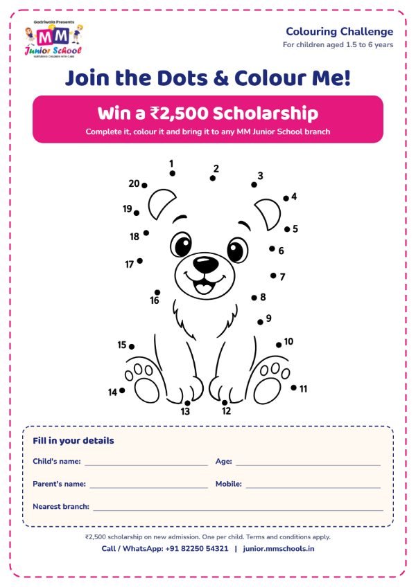 Join-the-dots bear colouring sheet with space for the child's and parent's details